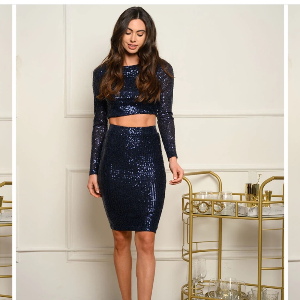 NEW 2 pcs set sequined crop top skirt navy blue S;M;L womens evening party